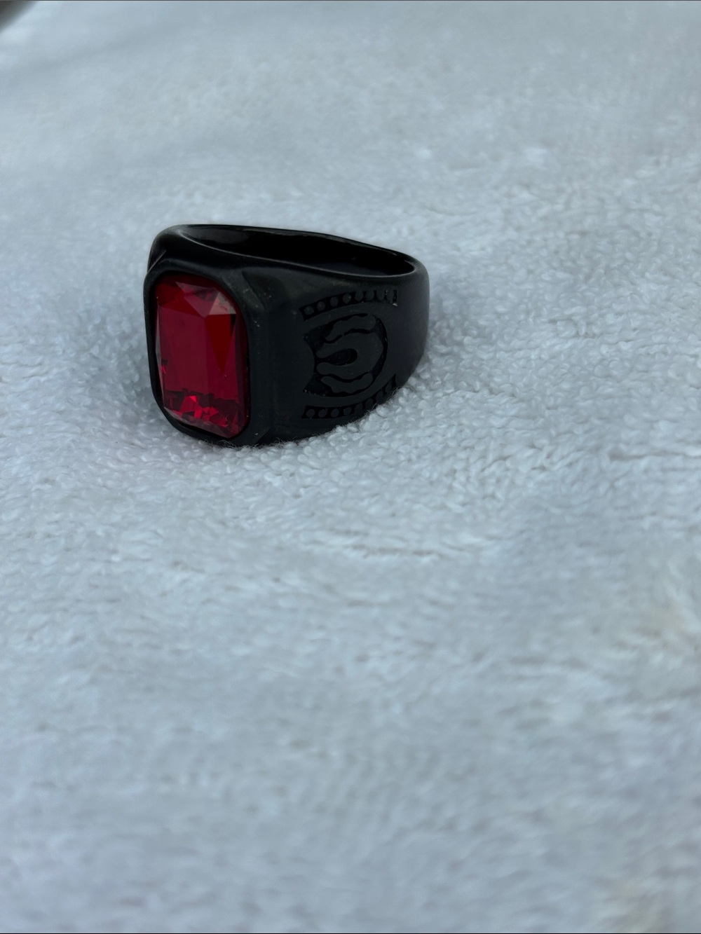 Men's Black Signet Ring with Red Stone